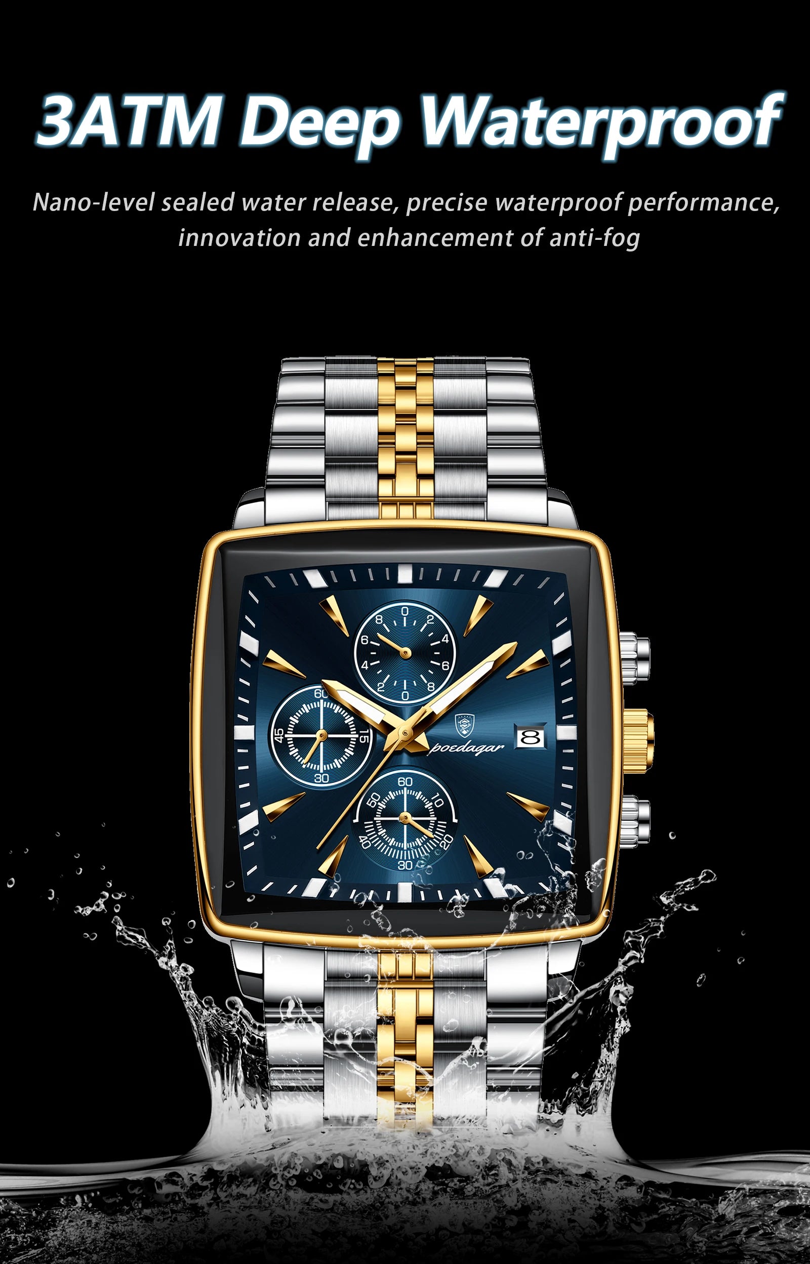 POEDAGAR Men Watch Luminous Waterproof Chronograph Date Man Wristwatch Square Stainless Steel Watch